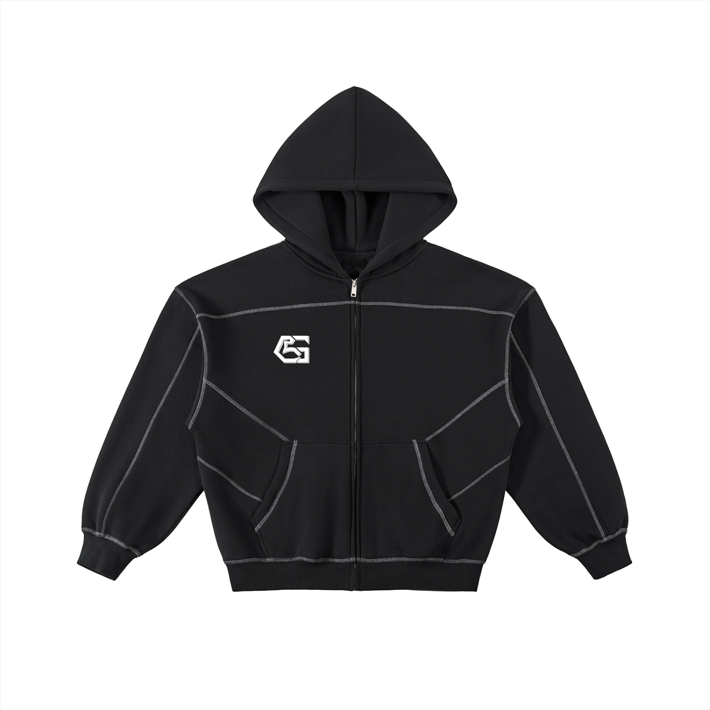 Contrast-Stitched Boxy Fleece Zip Hoodie